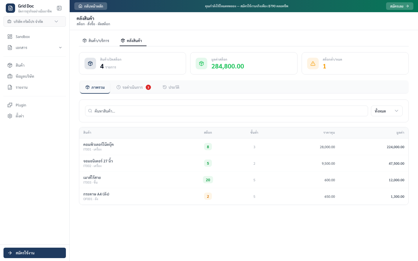 หน้าคลังสินค้าแสดง KPI จำนวนรายการ มูลค่าสต็อก และตารางสินค้าคงเหลือ